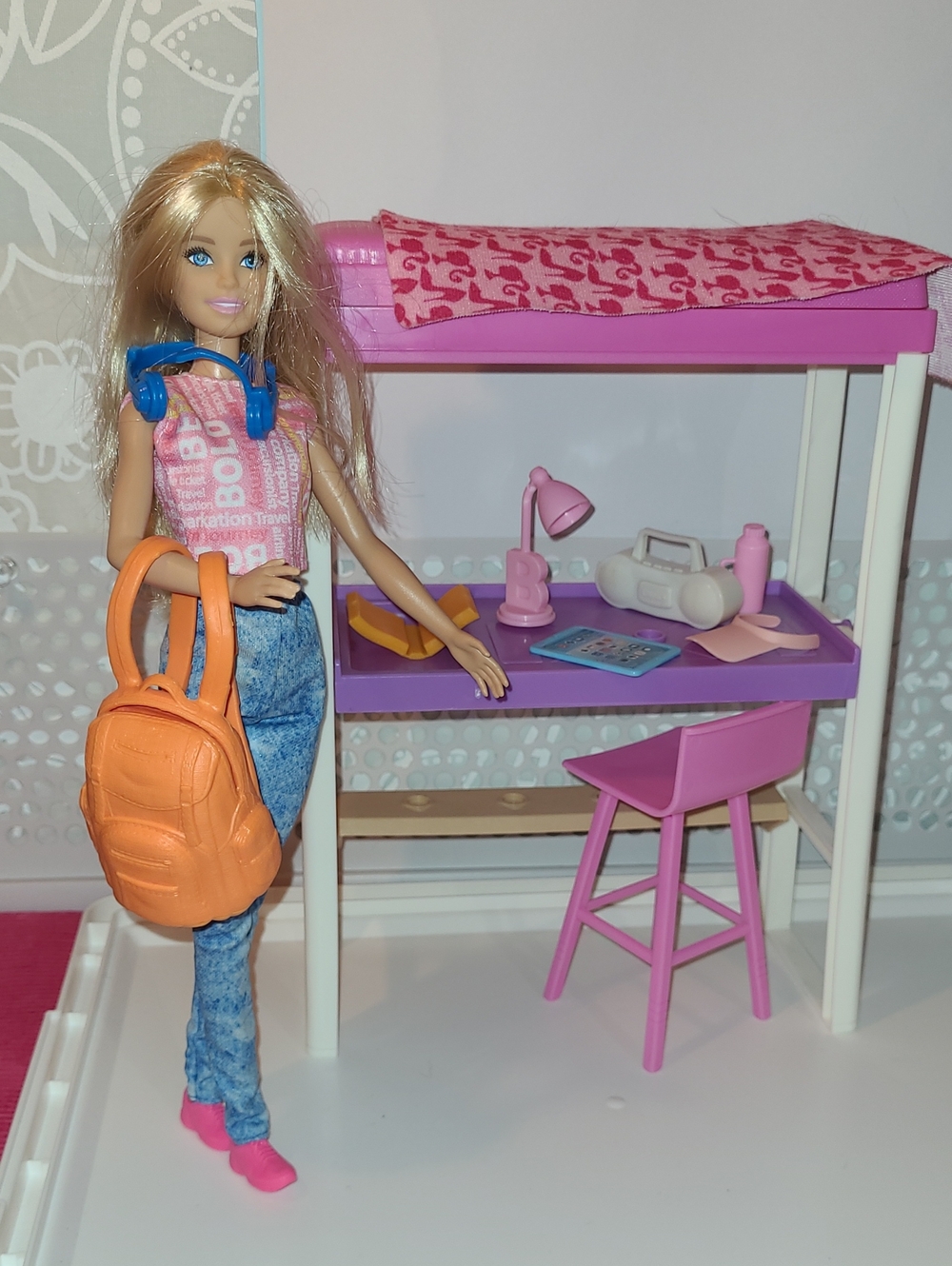 Barbie Doll with Pink & Purple Bunk Bed Play Set and Orange Backpack